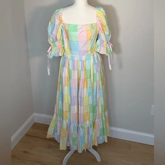 Selkie The Brunch Market Dress Pastel Plaid Puff Sleeve Midi NWT Size 2X - Picture 4 of 10